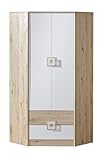 MINIO - Eckschrank 87 x 190 x 87 cm Nimes, Eckkleiderschrank mit 2 Türen, 2 Schubladen, 1 Kleiderstange, 3 Einlegeböden, Eckkleiderschrank Weiß/Eiche Hell