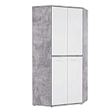 FORTE CANMORE Eckschrank 90 200, Eckkleiderschrank, Kinderzimmerschrank, Jugendzimmer 2-türig mit Einlegeböden und Kleiderstange, Weiß / Betonoptik LichtGrau, 92 cm breit x 201.5 cm hoch x 92 cm tief