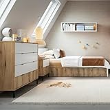 Jugendzimmer Komplett Set 4-teilig mit Kommode, Nachttisch, Wandregal und Bett 90x200 cm in Eiche mit weiß