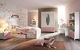 Jugendzimmer Aik in Weiß und Rosa 7 teiliges Komplett Set von Rauch Möbel mit Kleiderschrank, Jugendbett mit Schubkästen und Nachttisch, Schreibtisch, Kommode und Regalen…