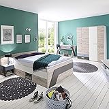 Lomadox Jugendzimmer Kinderzimmer Komplett Set, Eiche mit weiß Lava blau, 140x200 cm Kojenbett, Kleiderschrank, Schreibtisch, Nachttisch