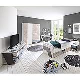 Lomadox Jugendzimmer Kinderzimmer Komplett Set, Sandeiche mit weiß, lava blau, 90x200 cm Einzelbett, Kleiderschrank, Schreibtisch, Nachttisch, Highboard-Kommode